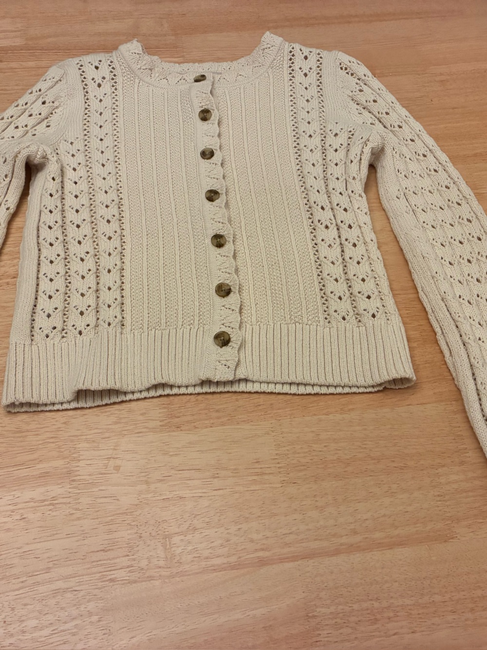 LOFT Petite Scalloped Pointelle Cardigan, color Birch
